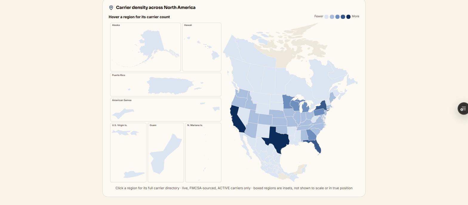 Carrier directory density map covering all 50 states, the five US territories, Canada and Mexico