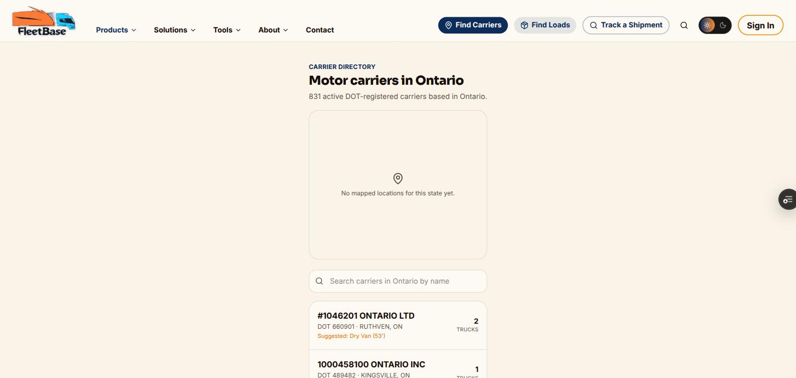 Carrier directory listing for Ontario, Canada