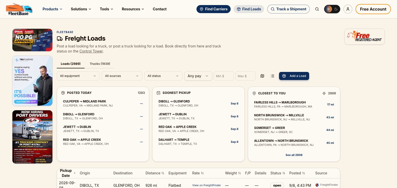 The loads board showing today's posted freight, soonest pickups and loads closest to the visitor, above the full sortable list